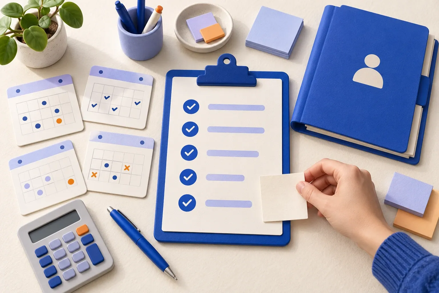 Ilustrasi konseptual persiapan data payroll dengan kalender kehadiran, checklist kerja, dan kalkulator.